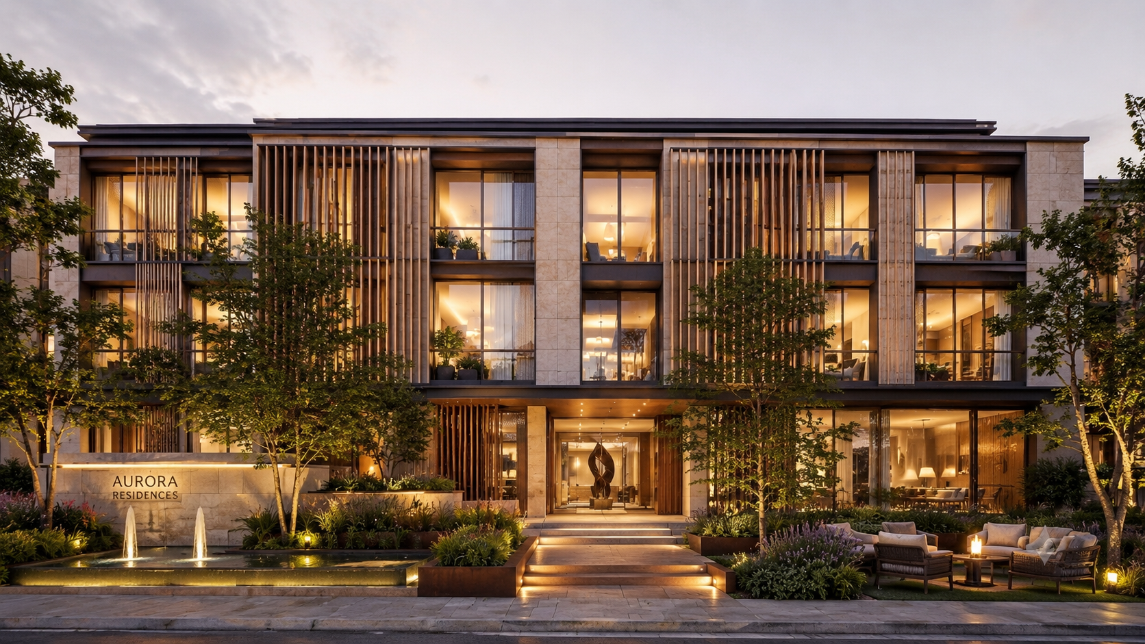 Premium residential frontage with landscaped entrance and warm lighting