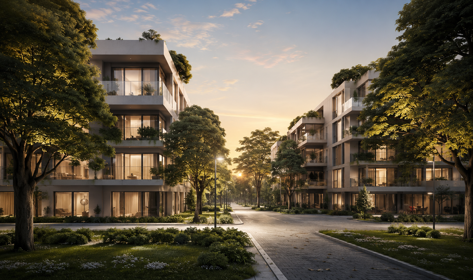 Tree-lined residential community with warm evening lights